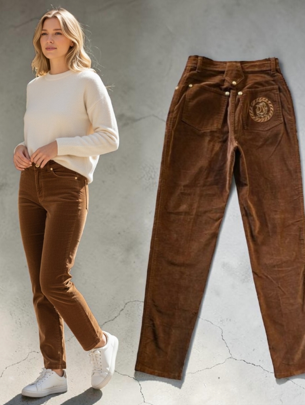 VINTAGE DINO VALIANO ( 38 ) 8/10 Velvet Soft Straight Leg Brown Gold Det…